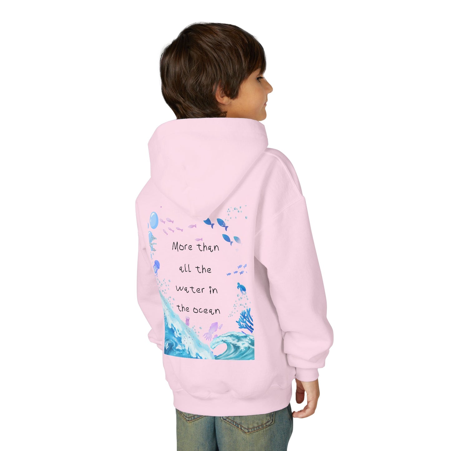KIDS MORE THAN ALL THE WATER IN THE OCEAN HOODIE - MAGENTA FRONT LOGO